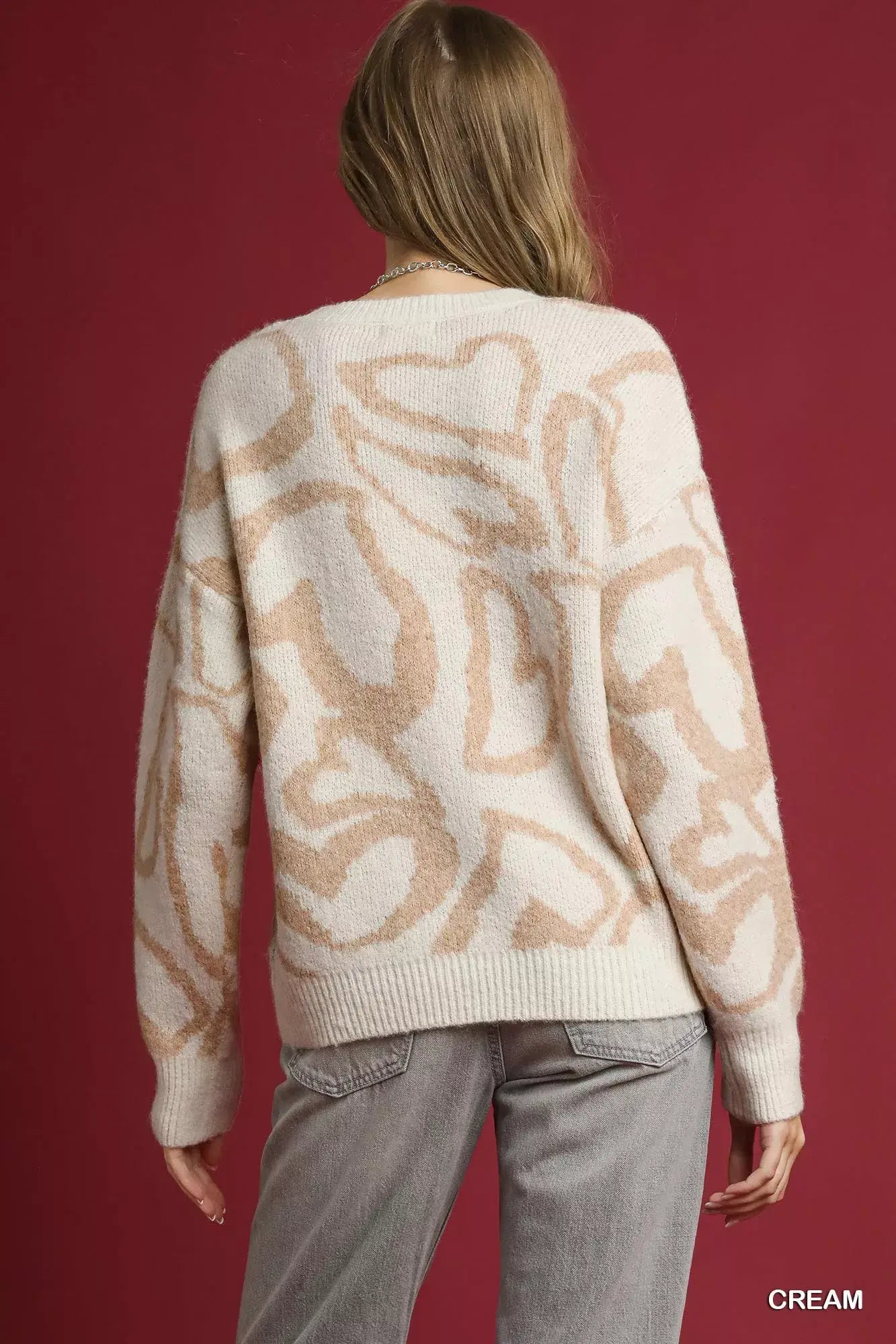 Umgee Heart Print Crew Neck Sweater - Trendsi - Flyclothing LLC