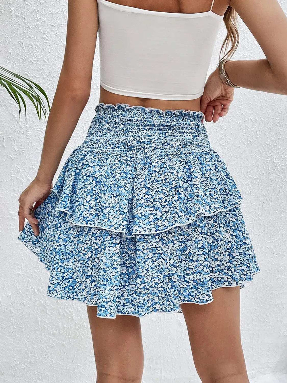 Smocked Layered Printed Mini Skirt - Trendsi - Flyclothing LLC