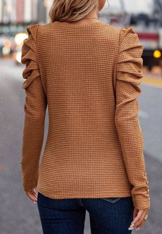 Decorative Button Round Neck Puff Sleeve Blouse - Trendsi - Flyclothing LLC