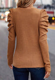 Decorative Button Round Neck Puff Sleeve Blouse - Trendsi