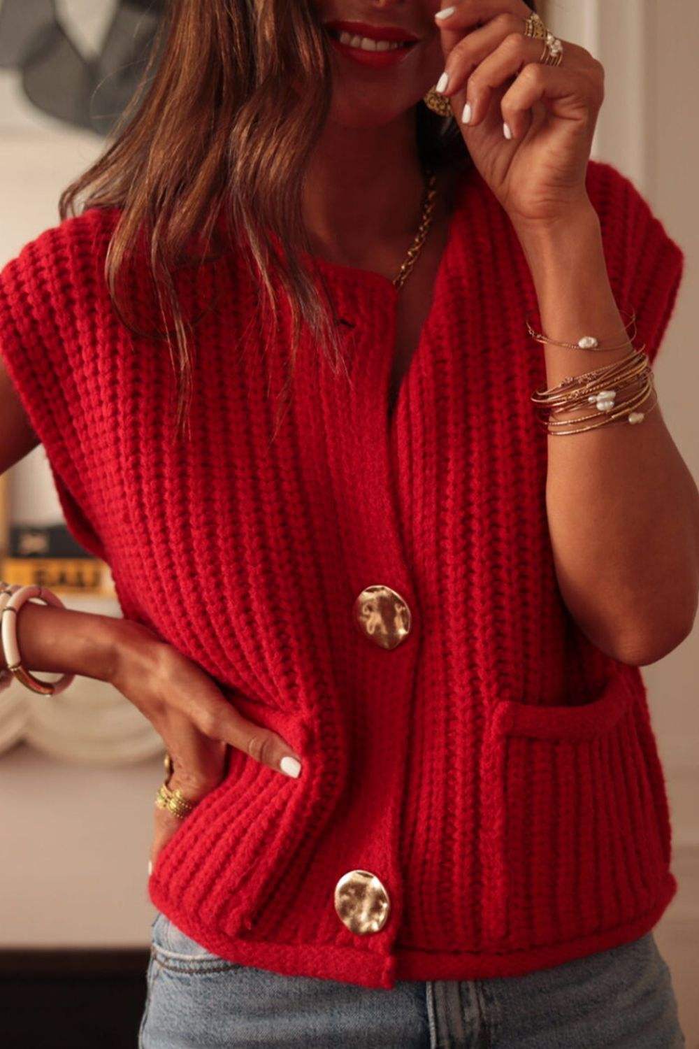Button Down Sweater Vest with Pockets - Trendsi - Flyclothing LLC