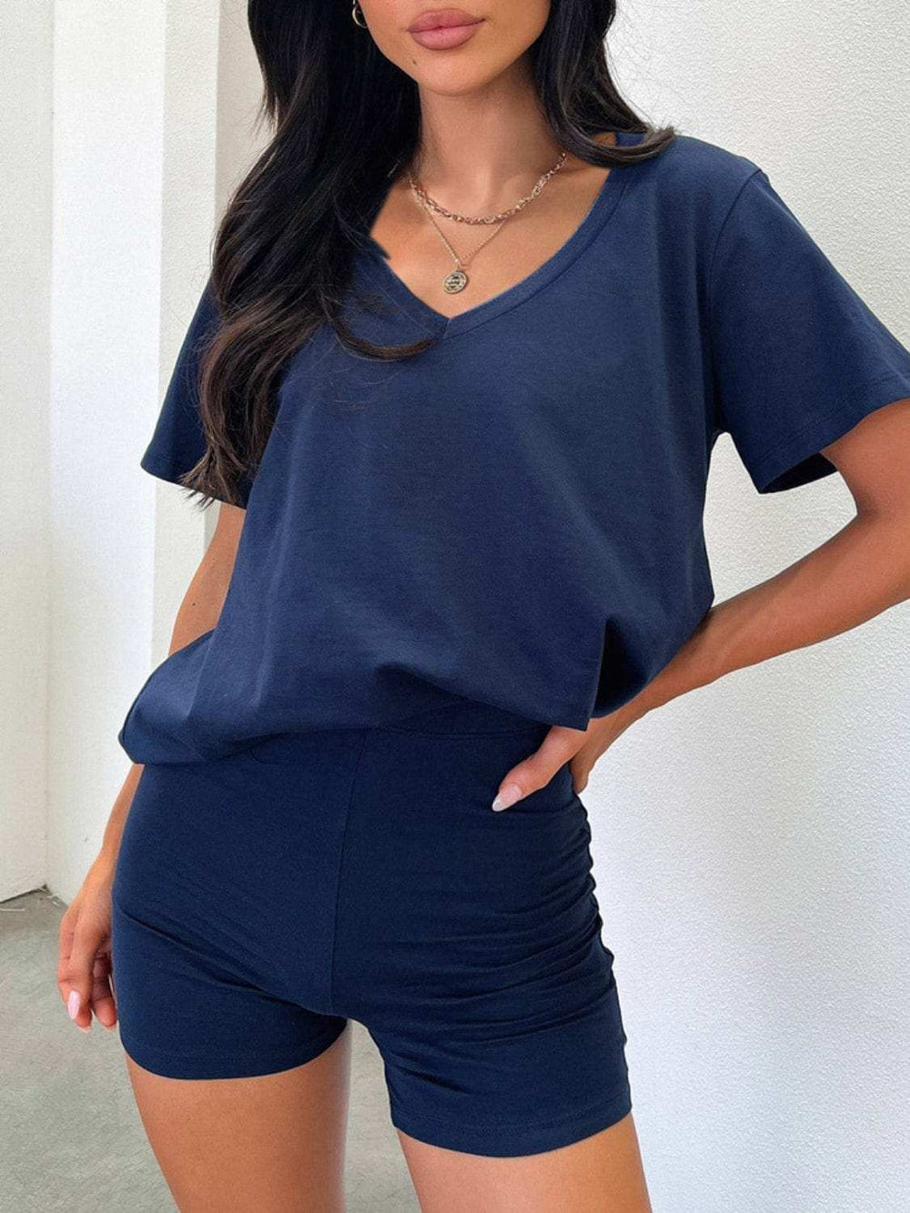 V-Neck T-Shirt and Shorts Set - Trendsi - Flyclothing LLC