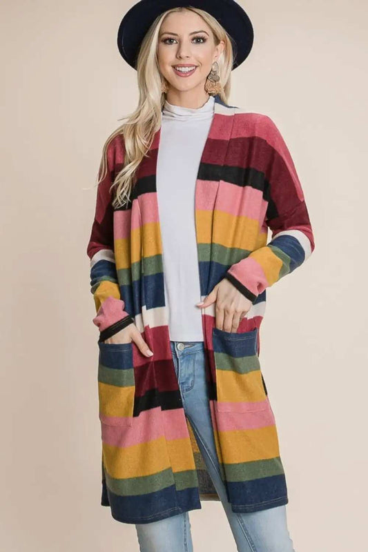 BOMBOM Color Block Striped Open Front Cardigan - Trendsi - Flyclothing LLC