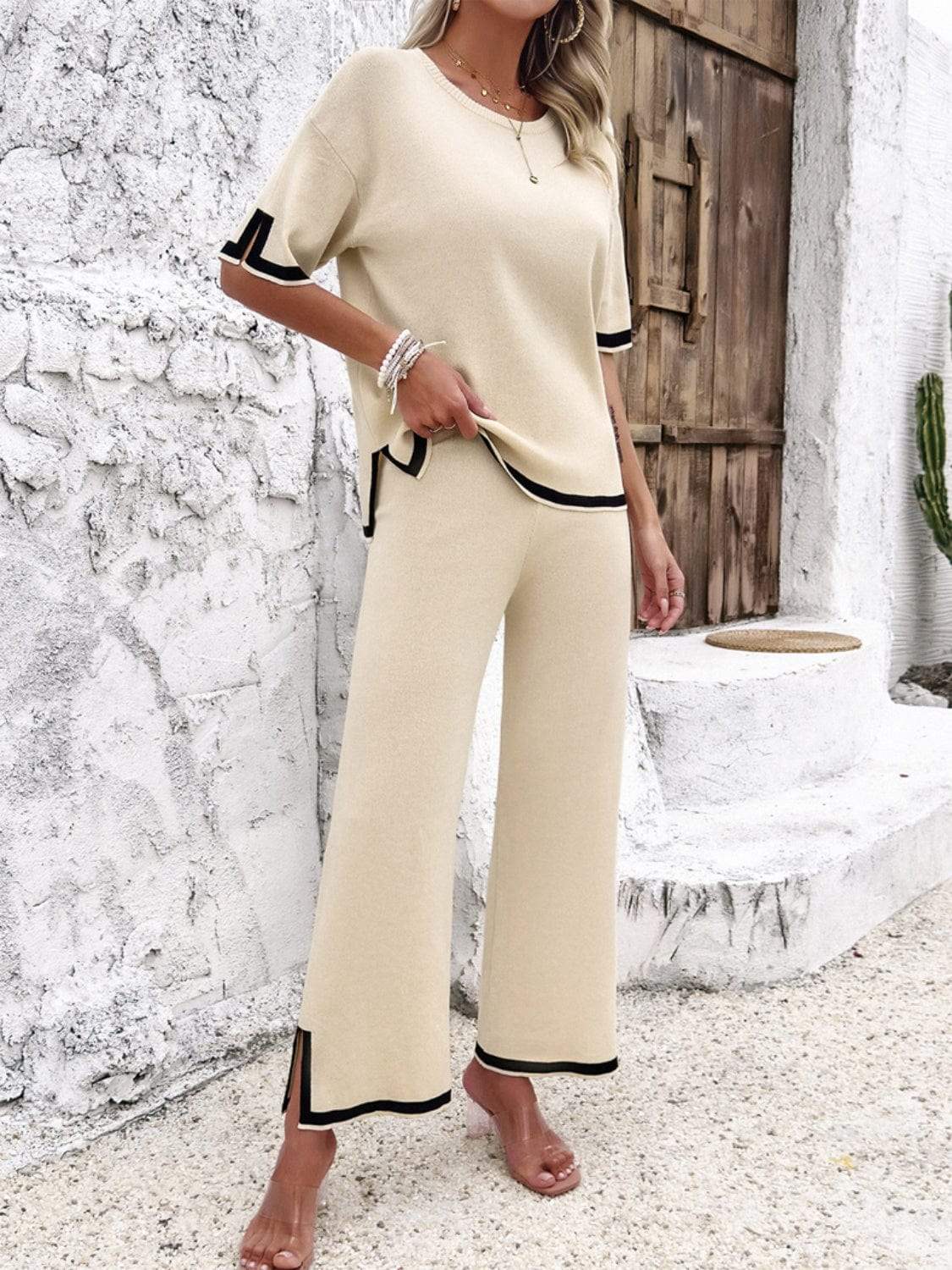 Contrast Trim Round Neck Top and Pants Set - Trendsi - Flyclothing LLC