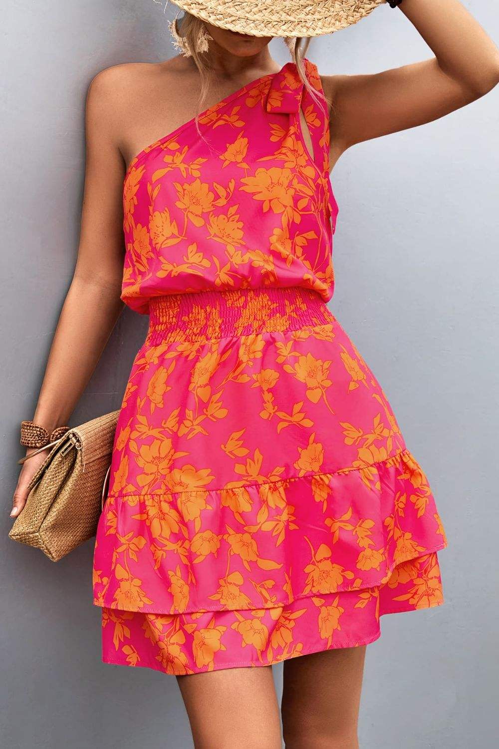 Tied Smocked Printed Single Shoulder Dress - Trendsi - Flyclothing LLC