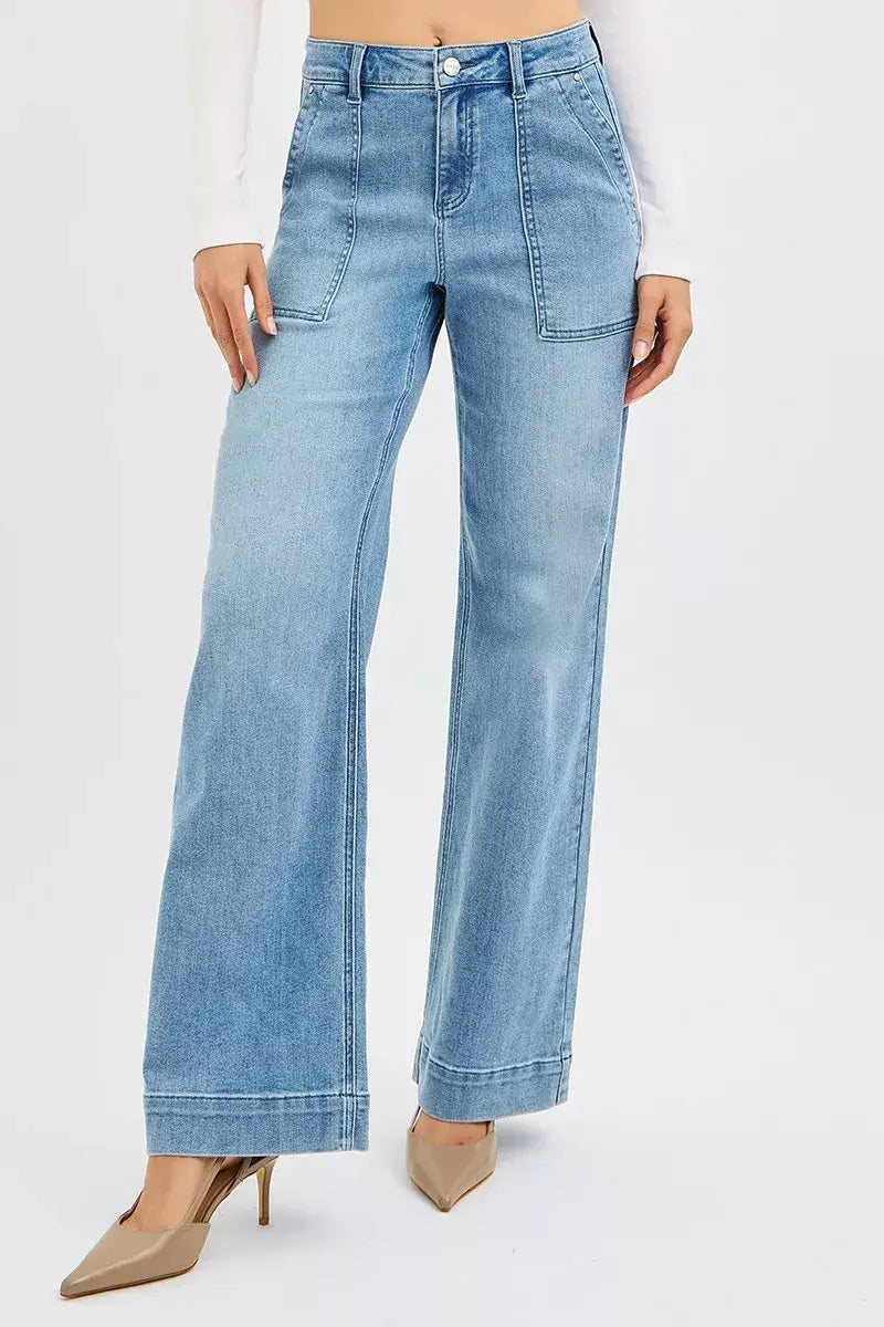 RISEN Full Size High Rise Straight Leg Jeans with Front Pockets Plus Size - Trendsi - Flyclothing LLC