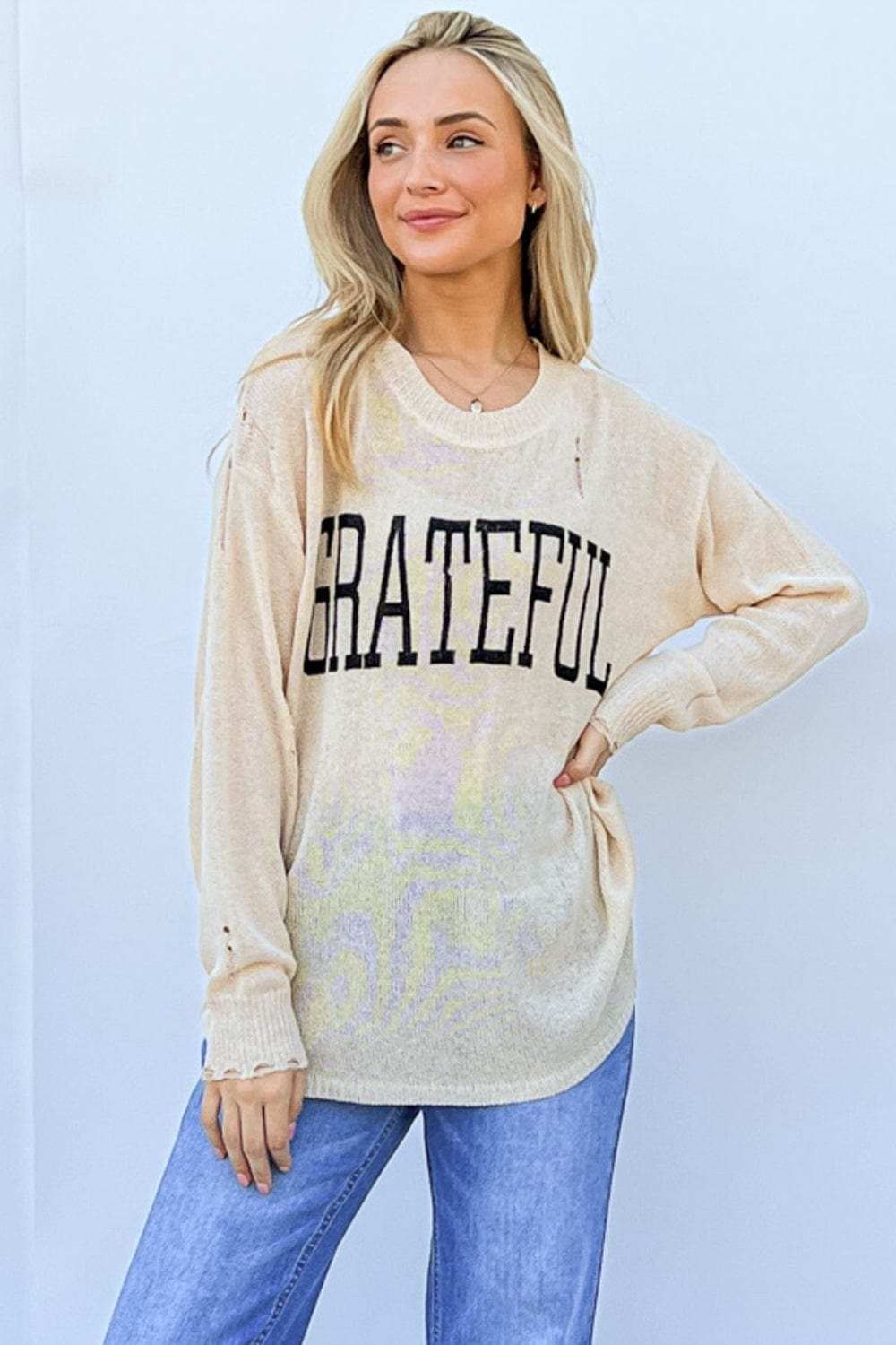 And The Why GRATEFUL Long Sleeve Knit Top - Trendsi - Flyclothing LLC