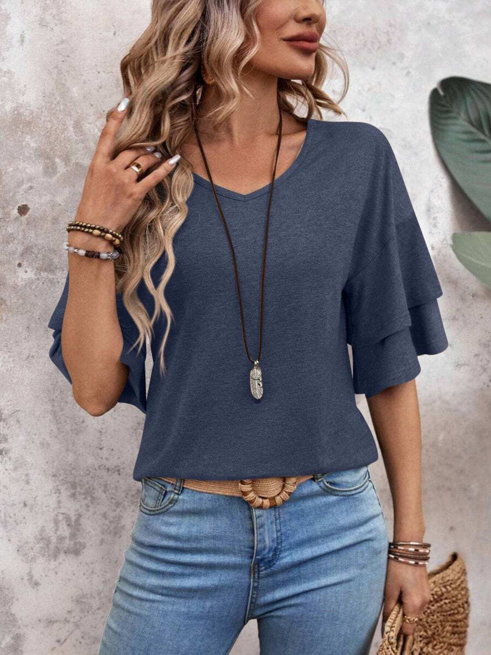 V-Neck Half Sleeve Blouse - Trendsi - Flyclothing LLC