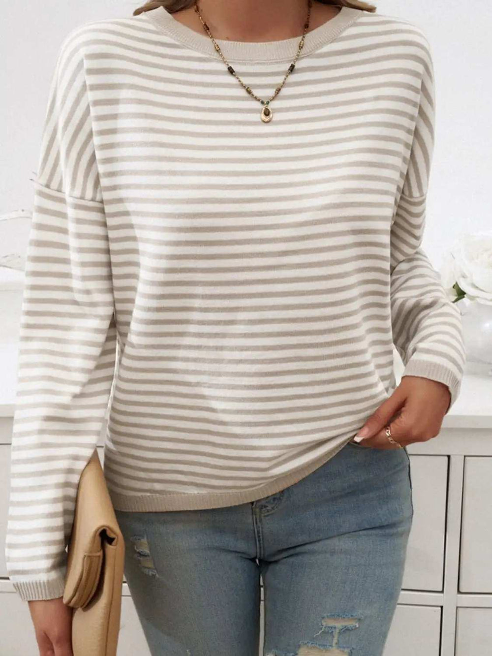 Striped Round Neck Dropped Shoulder Sweater - Trendsi - Flyclothing LLC