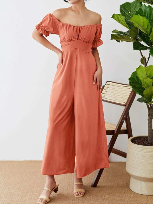 Off-Shoulder Short Sleeve Wide Leg Jumpsuit - Trendsi - Flyclothing LLC