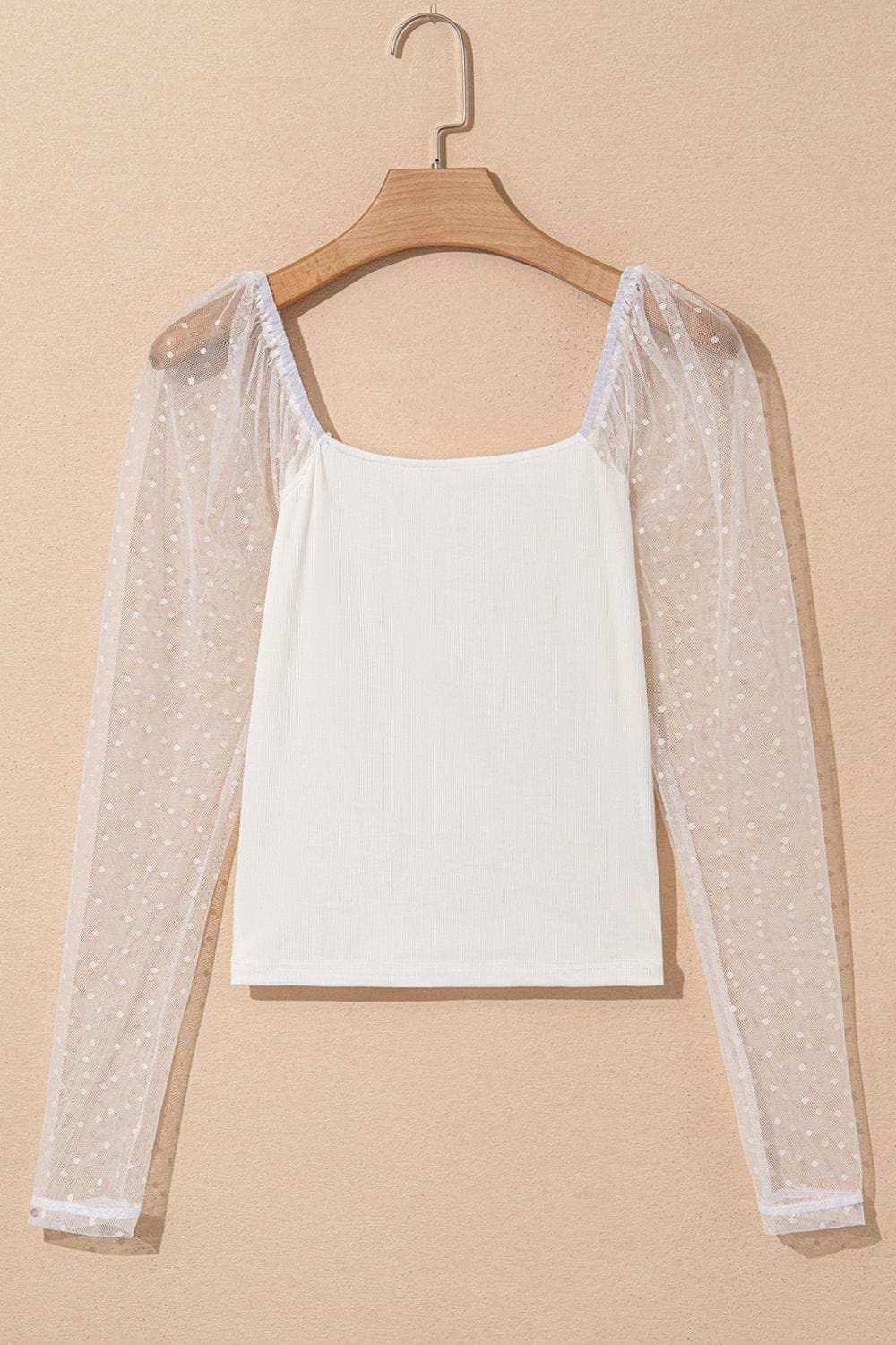 Swiss Dot Mesh Long Sleeve Square Neck Slim Top - Trendsi - Flyclothing LLC