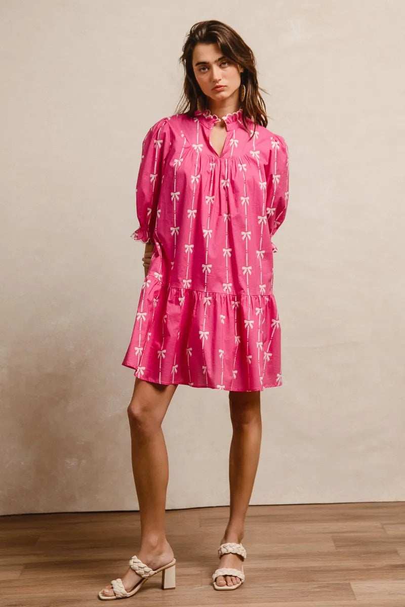 BiBi Ribbon Patterns With Scallops Edge Details Short Sleeve Dress - Trendsi - Flyclothing LLC
