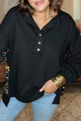 Sequin Half Button Long Sleeve Sweatshirt - Trendsi - Flyclothing LLC