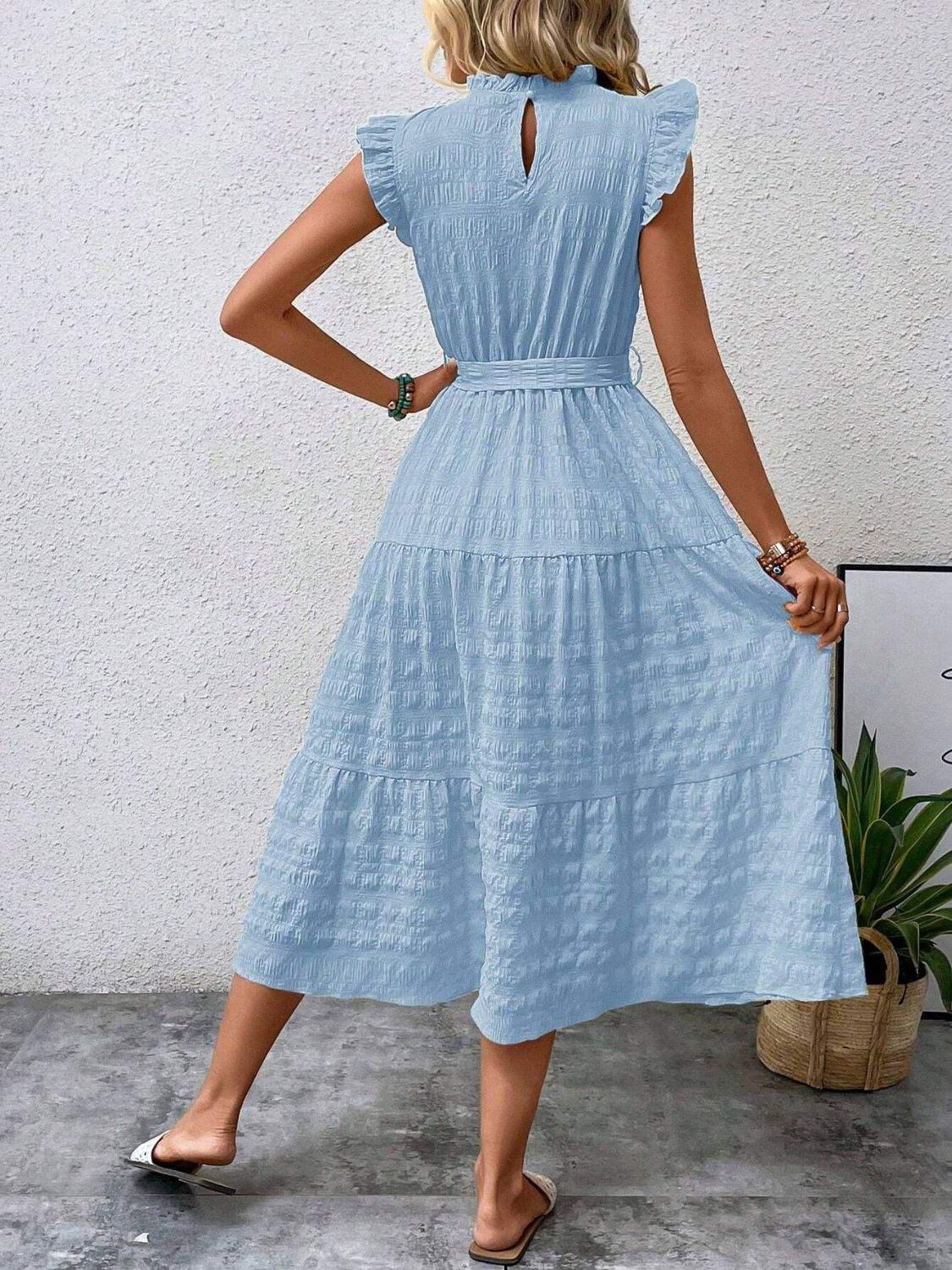 Tied Ruffled Cap Sleeve Midi Dress - Trendsi - Flyclothing LLC