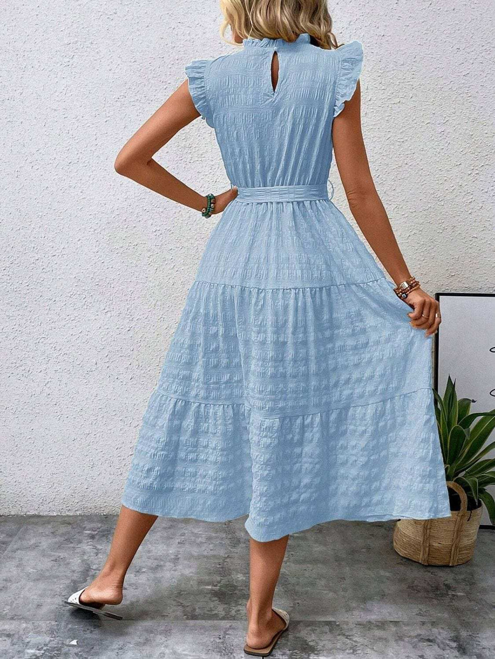 Tied Ruffled Cap Sleeve Midi Dress - Trendsi - Flyclothing LLC