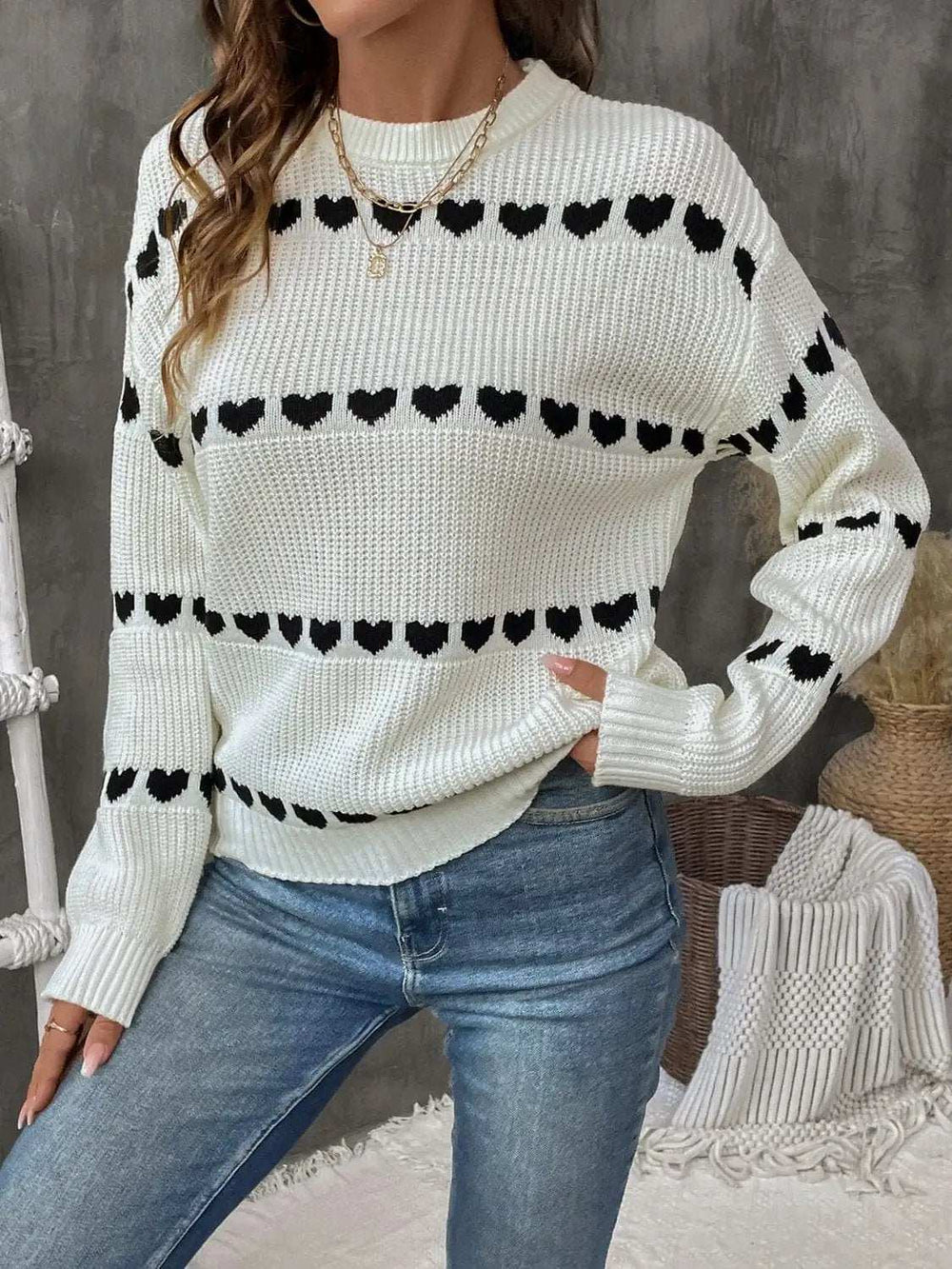 Heart Round Neck Long Sleeve Sweater - Trendsi - Flyclothing LLC