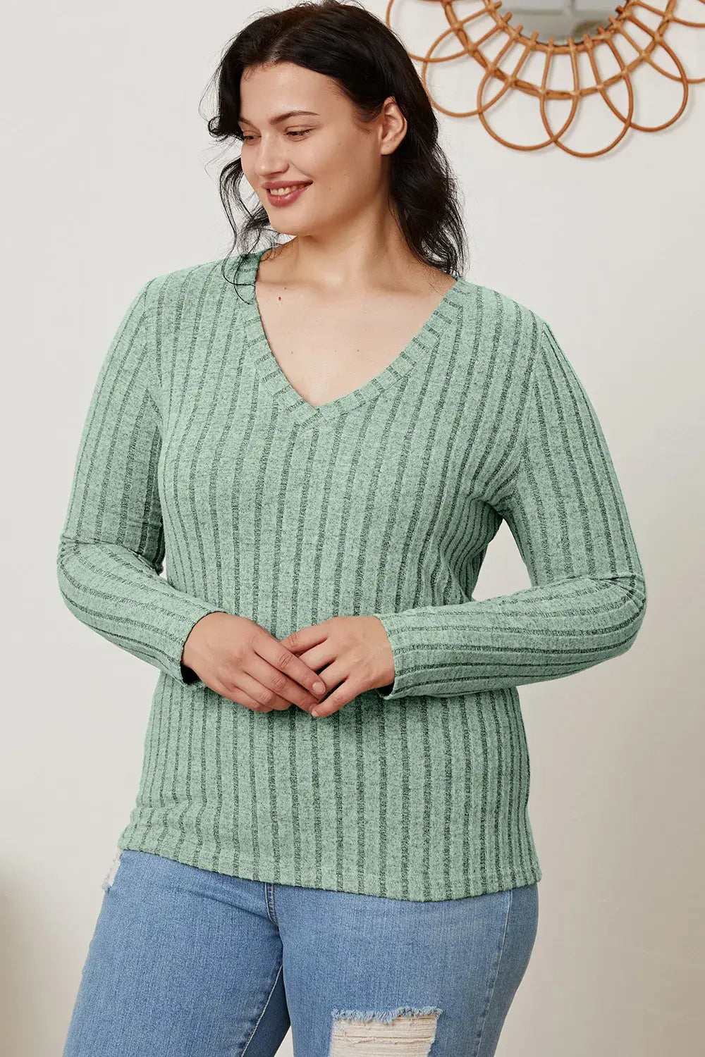 Basic Bae Full Size Ribbed V-Neck Long Sleeve T-Shirt - ShopBasicbae - Flyclothing LLC