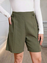 High-Waisted Pleated Shorts with Button Detail - Trendsi - Flyclothing LLC