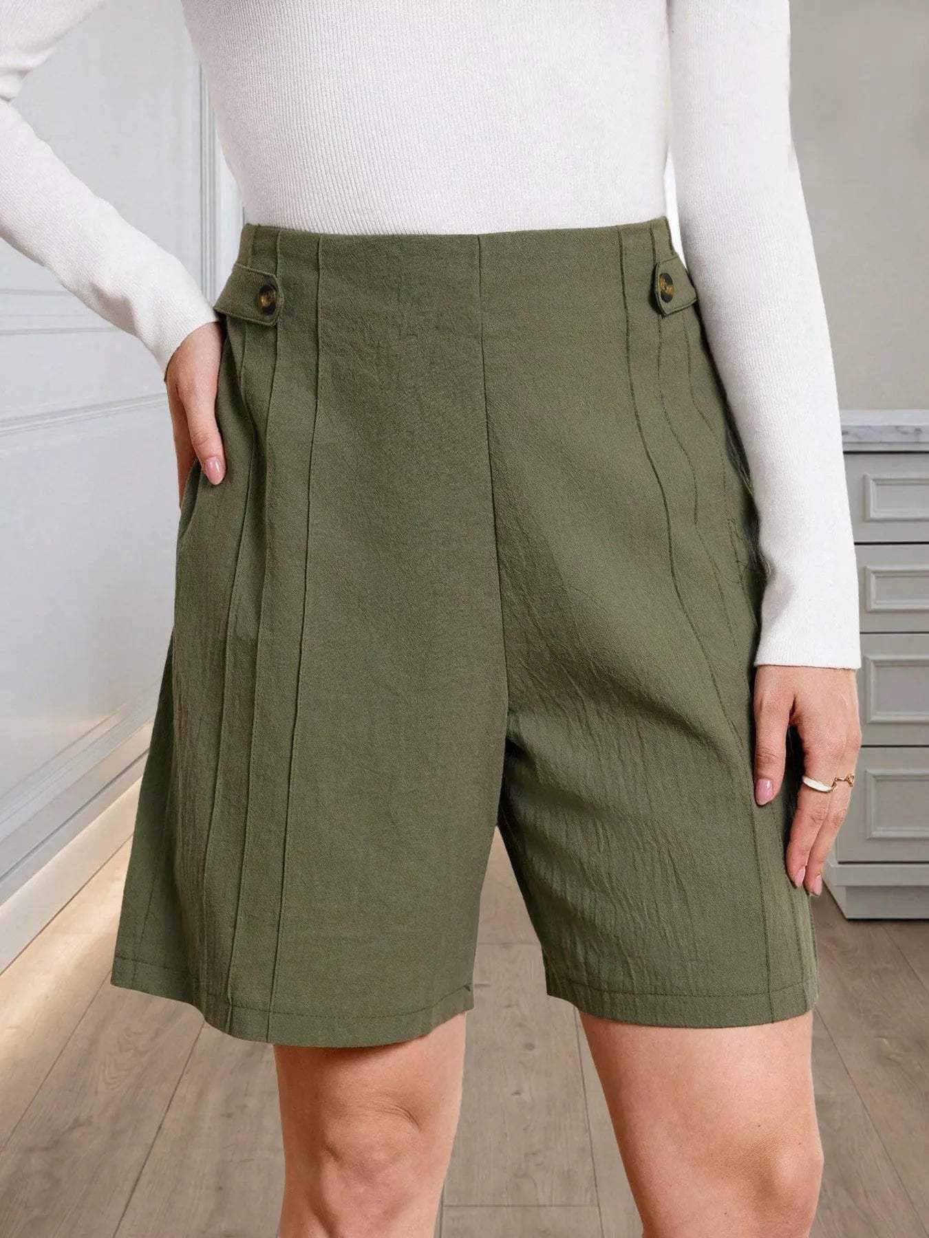 High-Waisted Pleated Shorts with Button Detail - Trendsi - Flyclothing LLC