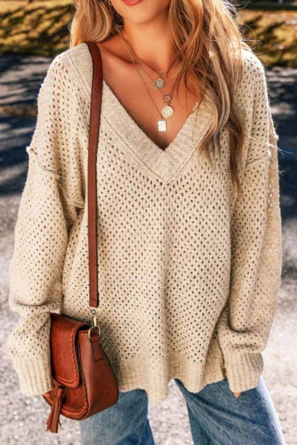 V-Neck Dropped Shoulder Long Sleeve Sweater - Trendsi - Flyclothing LLC