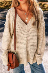 V-Neck Dropped Shoulder Long Sleeve Sweater - Trendsi - Flyclothing LLC
