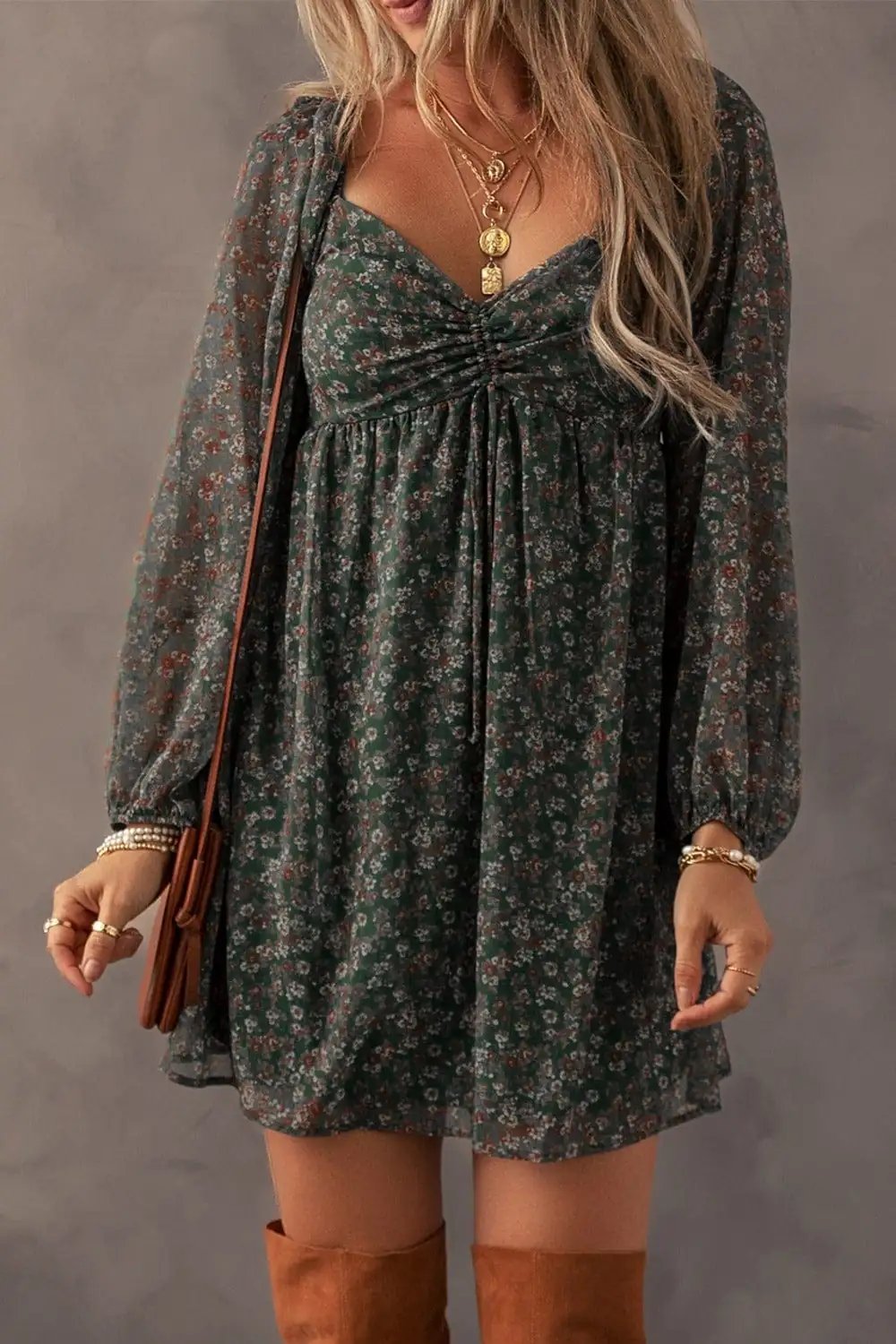 Ruched Printed Long Sleeve Mini Dress - Trendsi