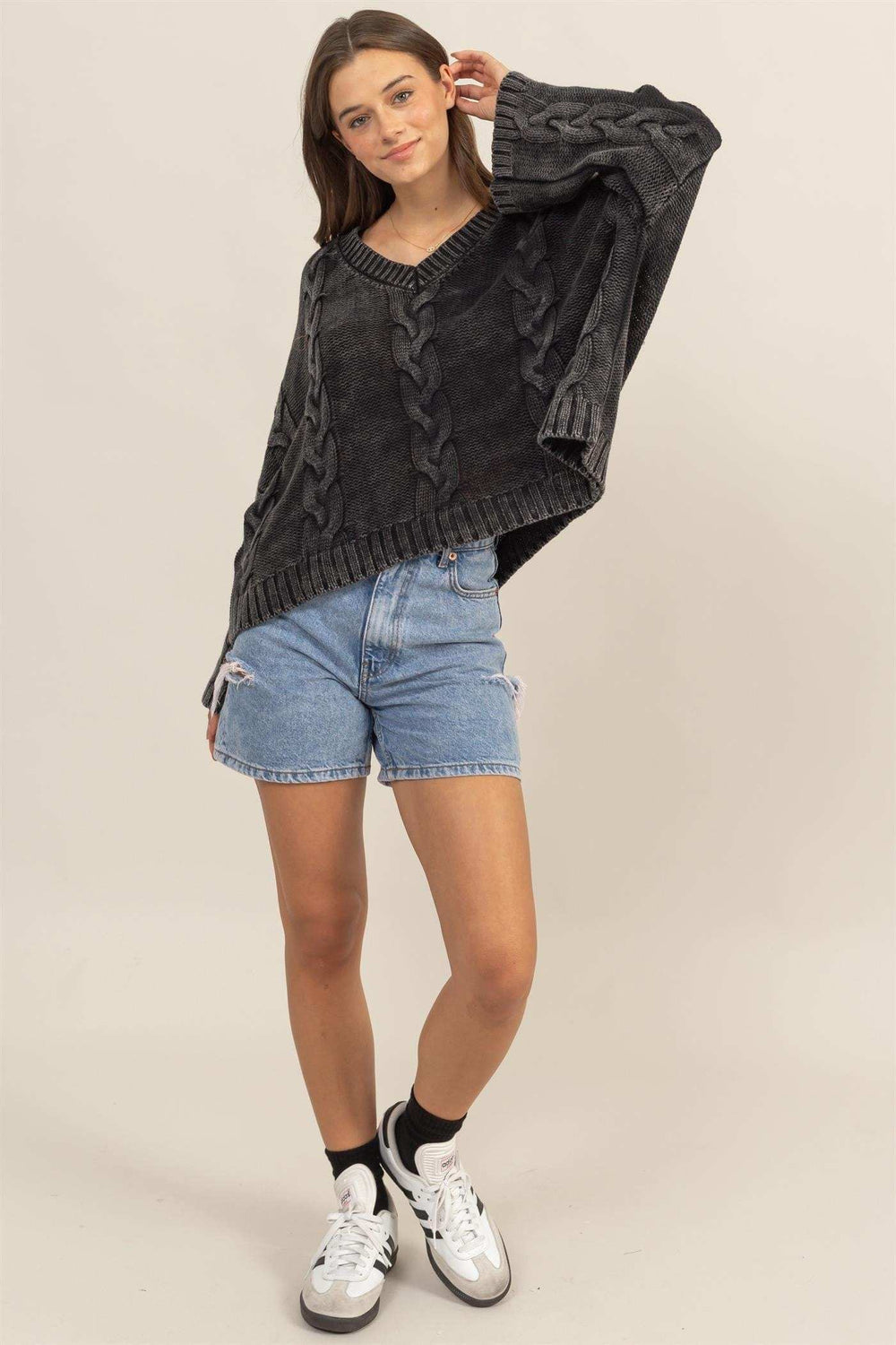 HYFVE Cable Knit V-Neck Dropped Shoulder Oversized Sweater - Trendsi - Flyclothing LLC