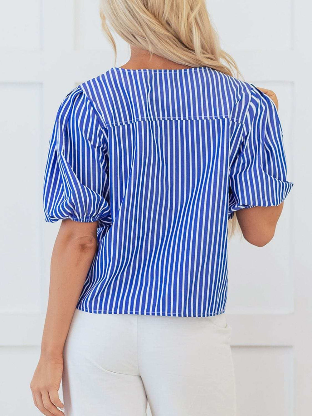 Stripe Tied Front Puff Short Sleeve Top - Trendsi - Flyclothing LLC