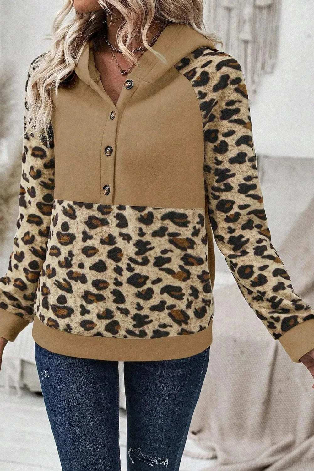 Leopard Half Button Long Sleeve Hoodie - Trendsi - Flyclothing LLC