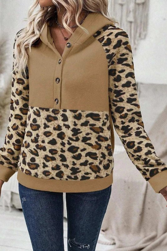 Leopard Half Button Long Sleeve Hoodie - Trendsi - Flyclothing LLC