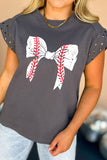 Studded Bow Graphic Round Neck Cap Sleeve T-Shirt - Trendsi