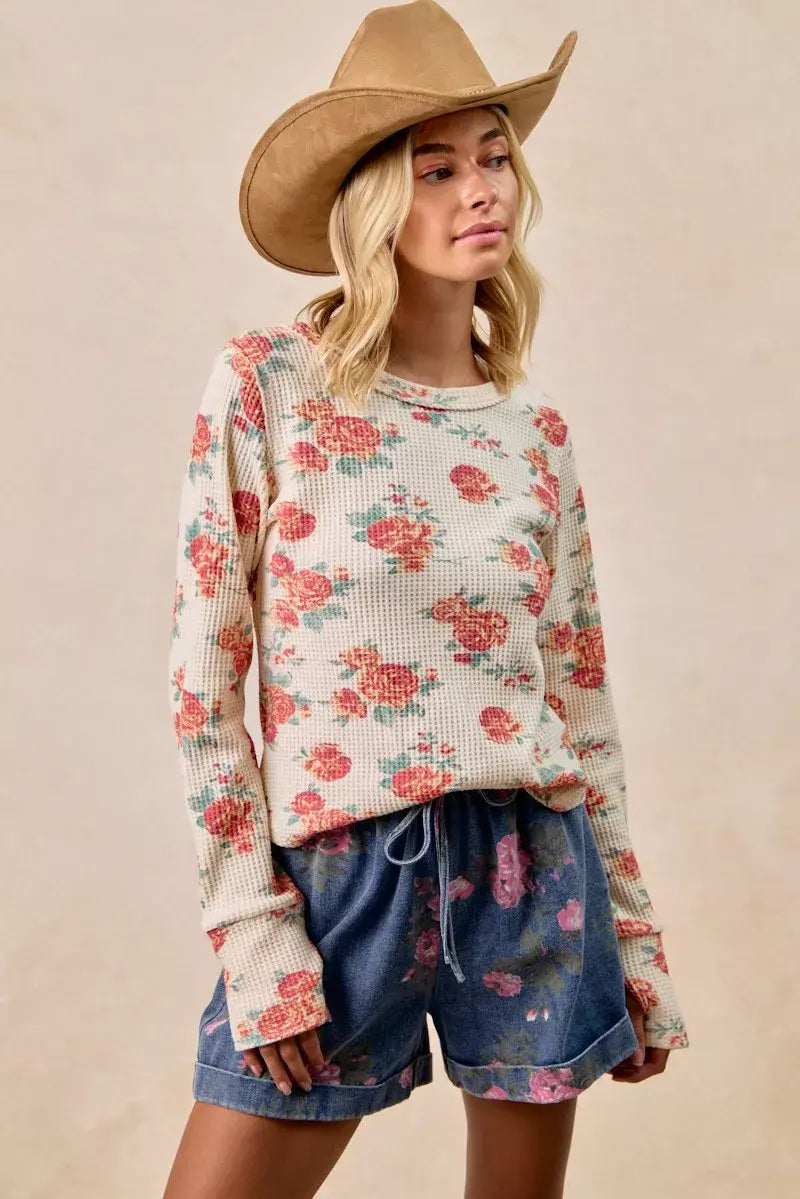 BiBi Floral Print Washed Waffle Thermal Top With Thumb - Trendsi - Flyclothing LLC