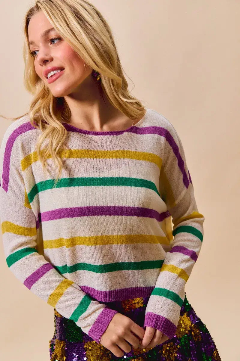 SO ME Mardi Gras Color Stripe Lightweight Sweater Top - Trendsi - Flyclothing LLC