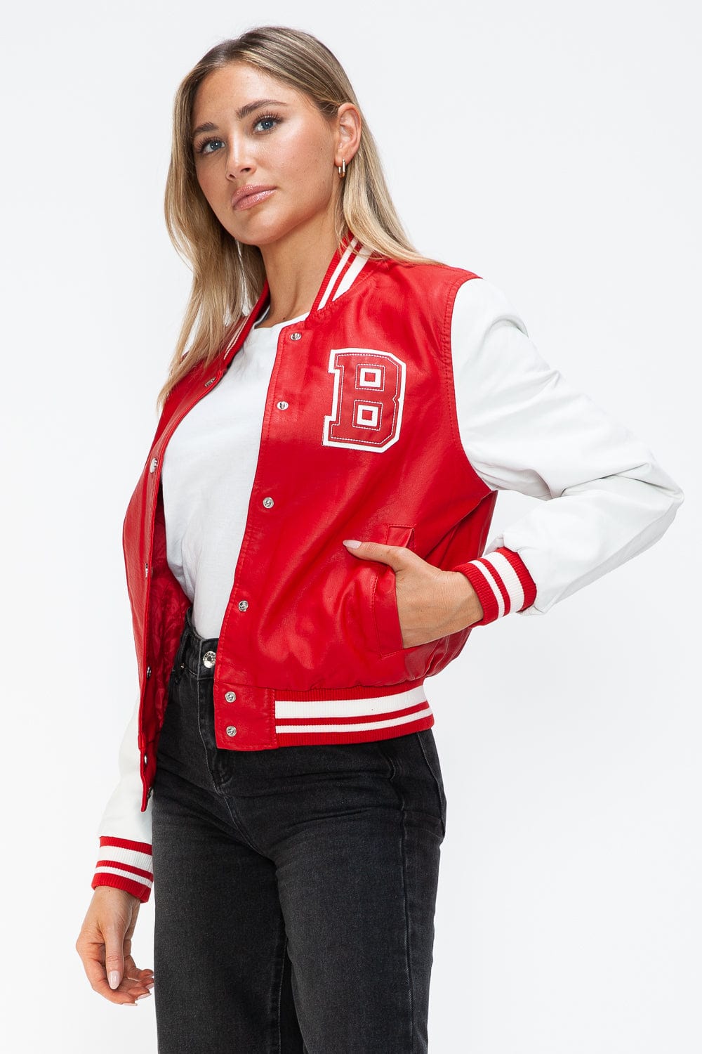 Love Me Now PU Leather Contrast Snap Down Bomber Jacket - Trendsi