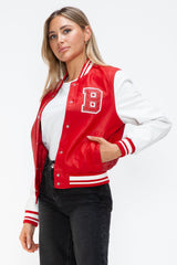 Love Me Now PU Leather Contrast Snap Down Bomber Jacket - Trendsi