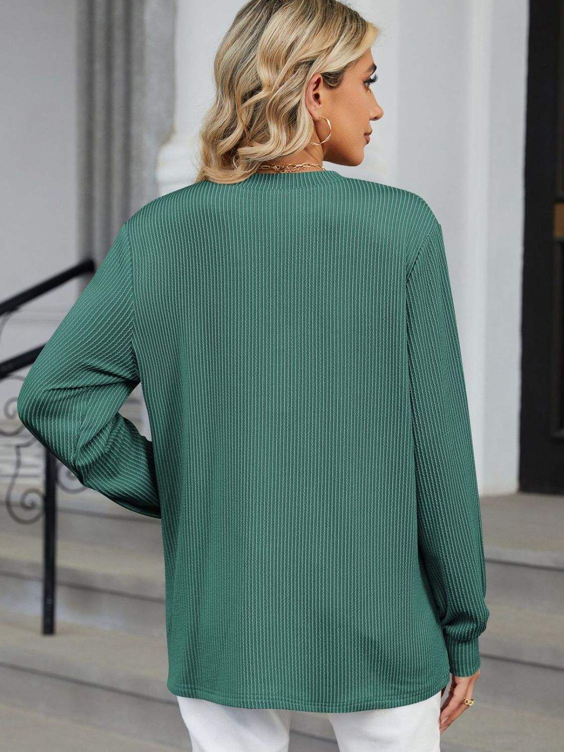 Striped Notched Long Sleeve T-Shirt - Trendsi - Flyclothing LLC