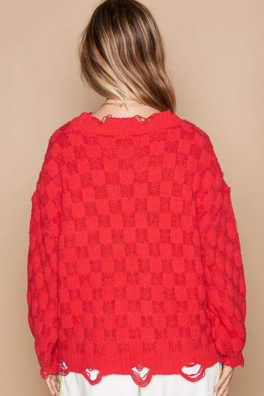 POL Checkered Distressed Edge Sweater - Trendsi - Flyclothing LLC