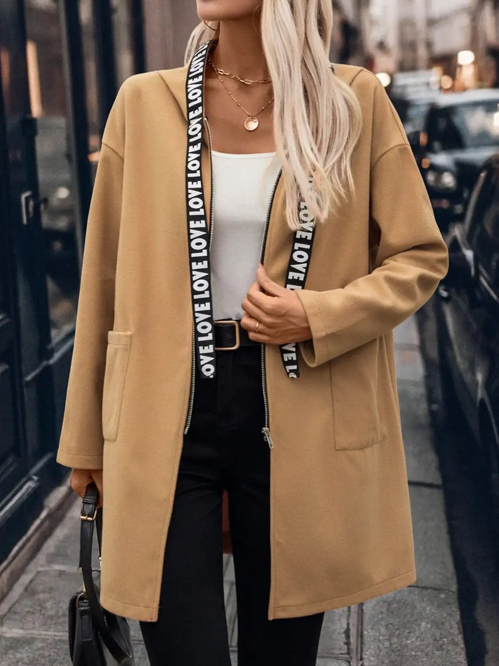Letter Print Strap Zip Up Hooded Trench Coat - Trendsi
