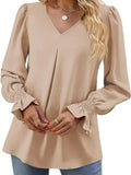 V-Neck Long Sleeve Ruffle Cuff Blouse - Trendsi - Flyclothing LLC