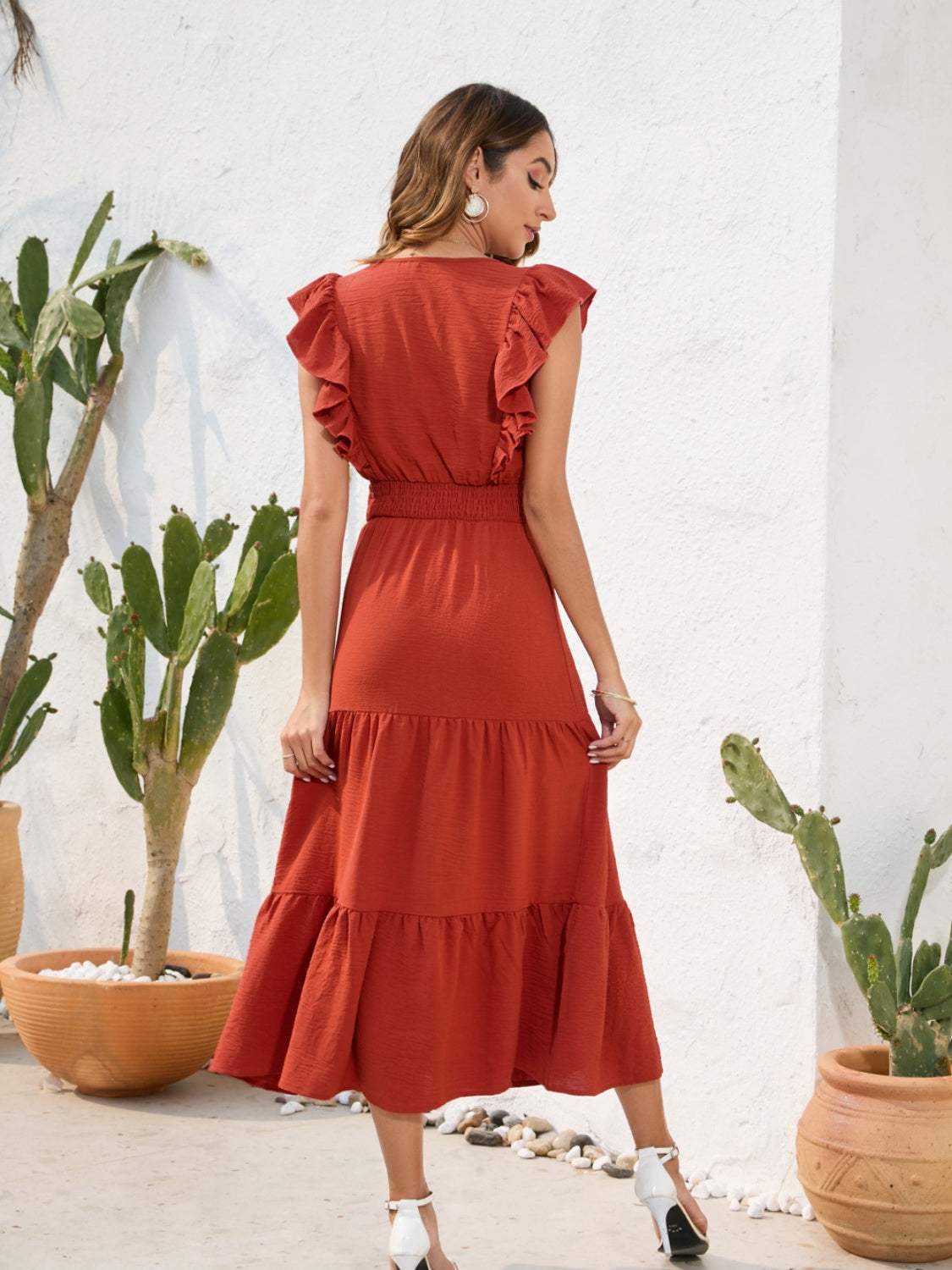 Tiered Ruffled V-Neck Cap Sleeve Dress - Trendsi - Flyclothing LLC