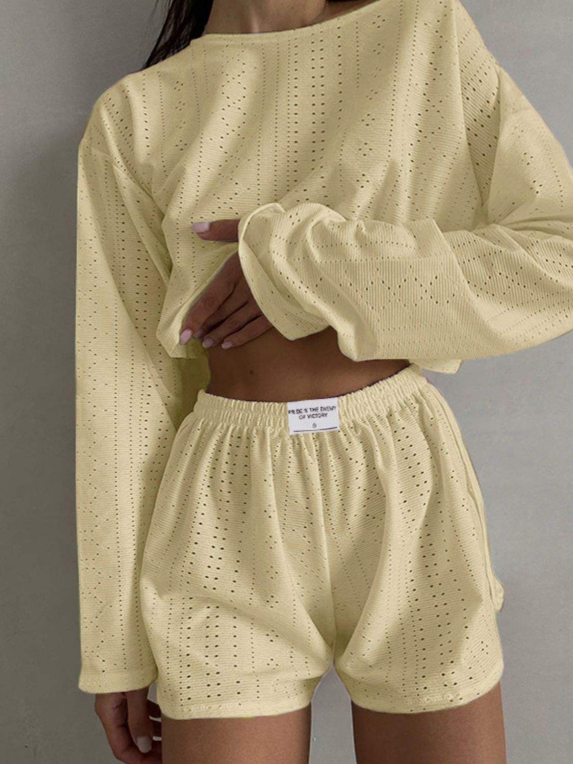 Eyelet Round Neck Top and Shorts Set - Trendsi - Flyclothing LLC