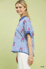 Umgee Stripe Embroidered Button-Front Boho Blouse - Trendsi - Flyclothing LLC