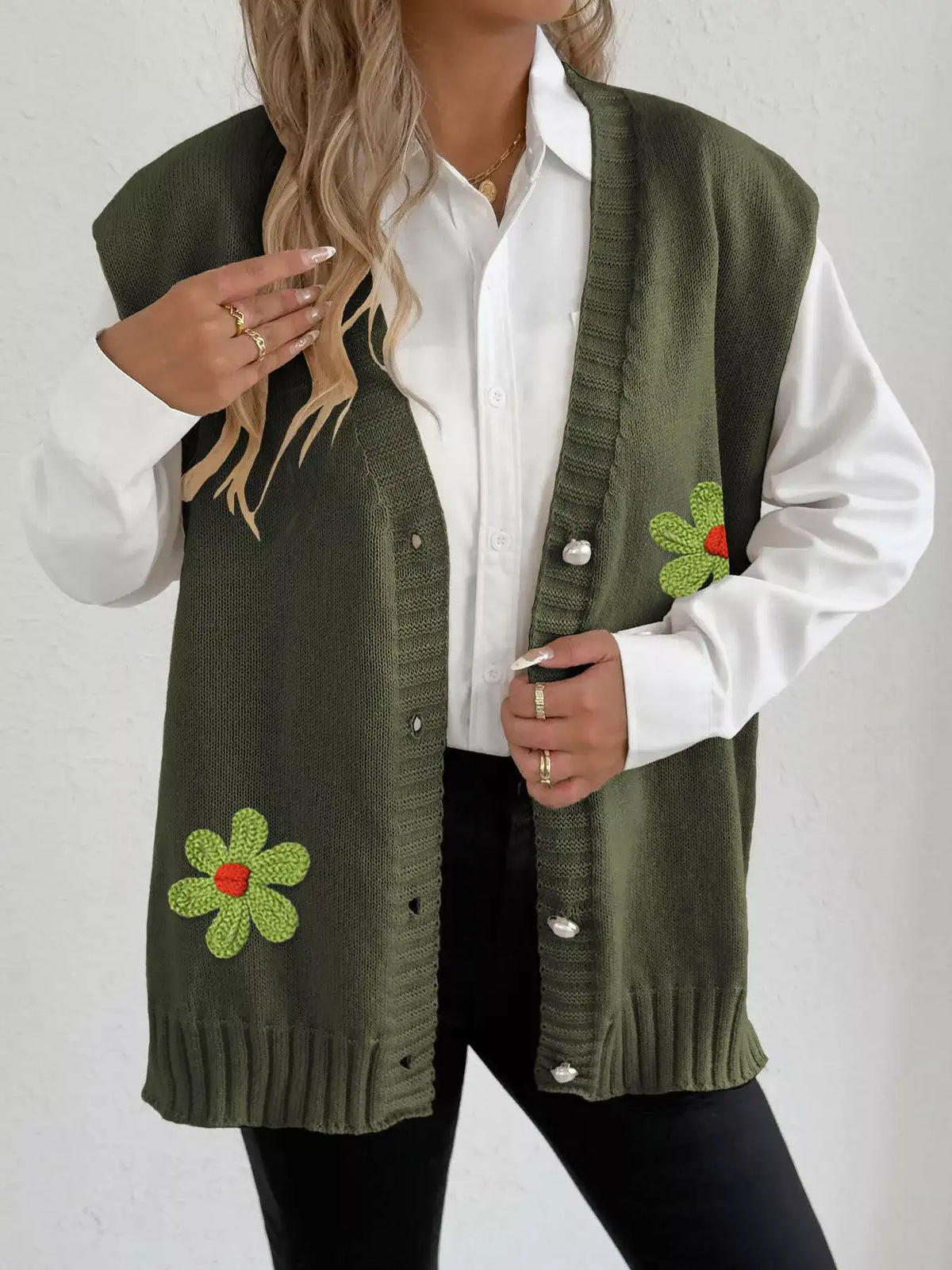 Flower V-Neck Sleeveless Cardigan - Trendsi - Flyclothing LLC