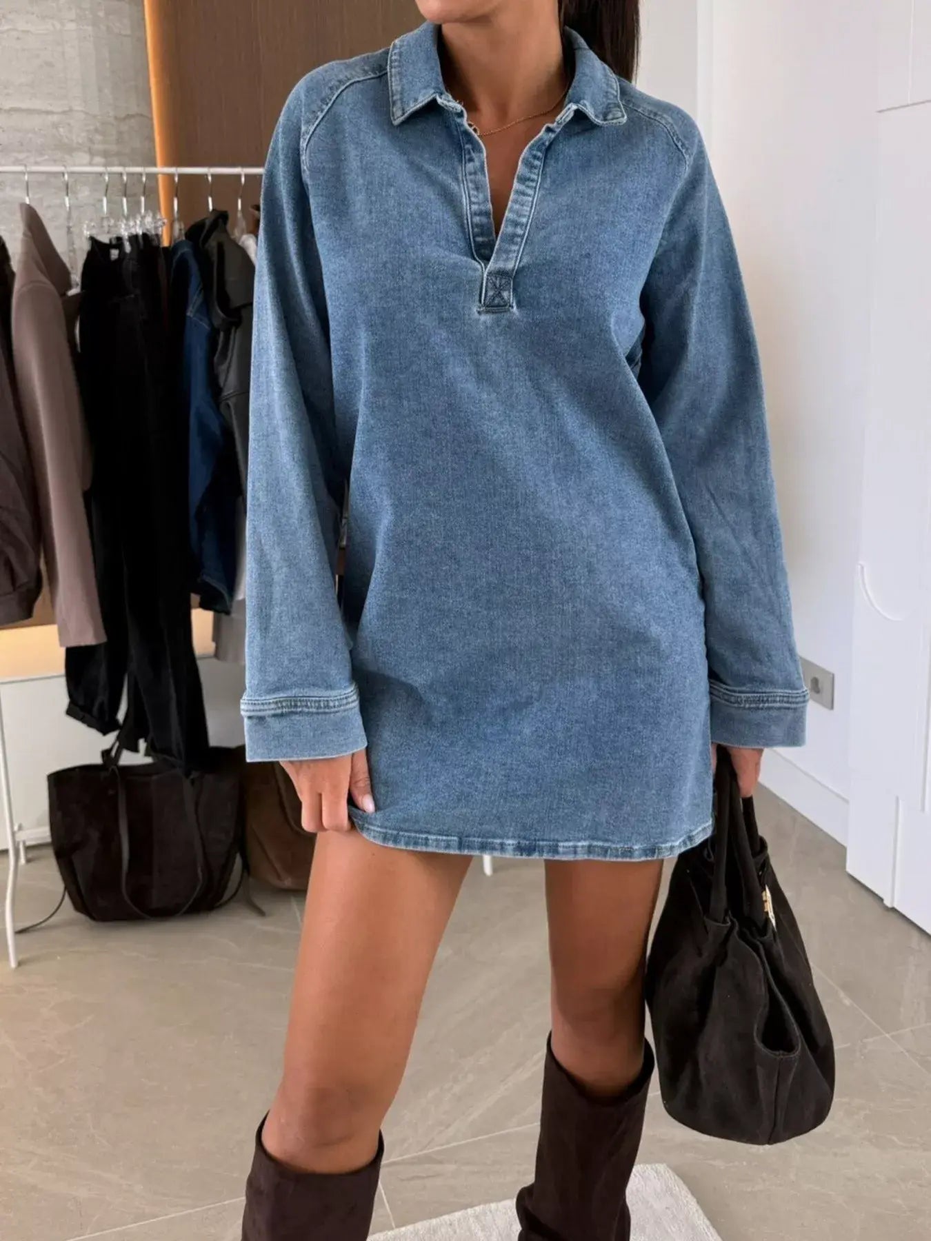 Collared Neck Long Sleeve Denim Dress - Trendsi - Flyclothing LLC