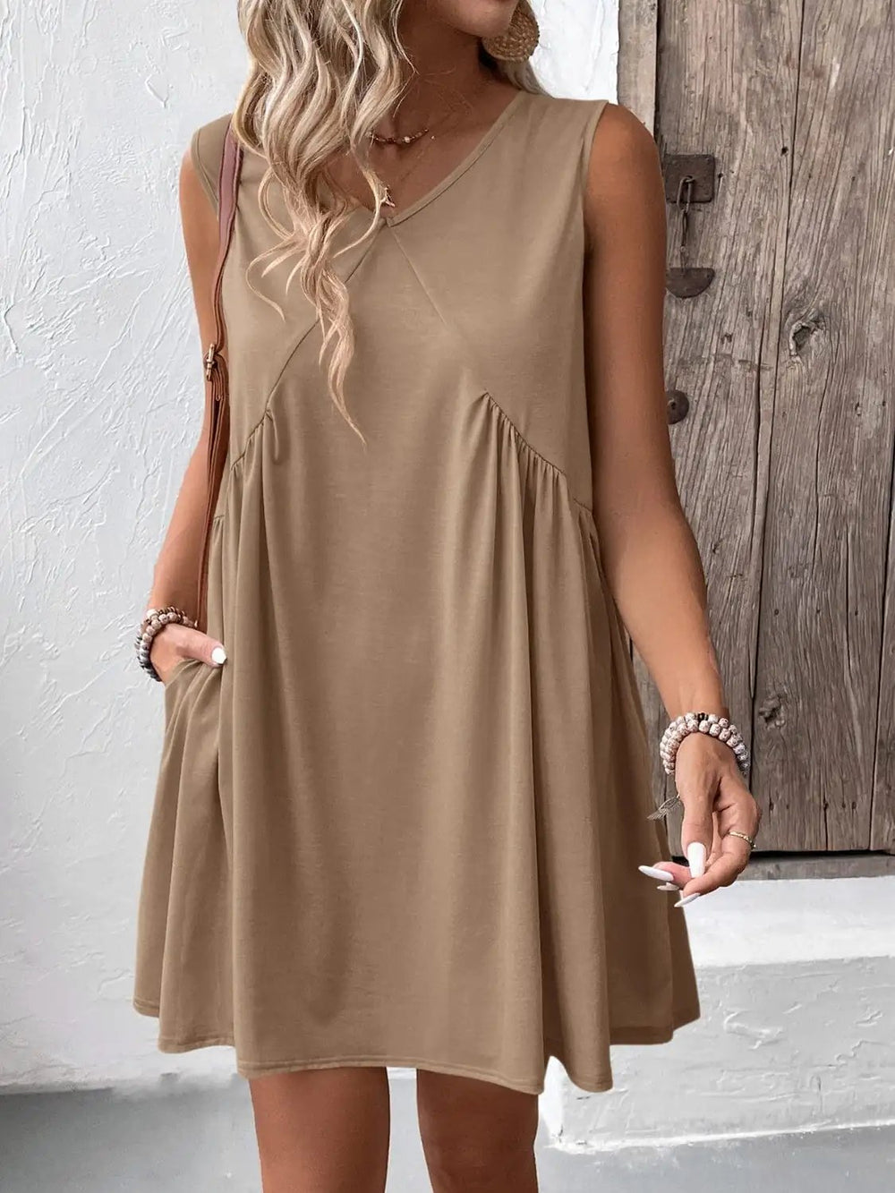 Ivy Lane Ruched V-Neck Sleeveless Mini Dress - Trendsi