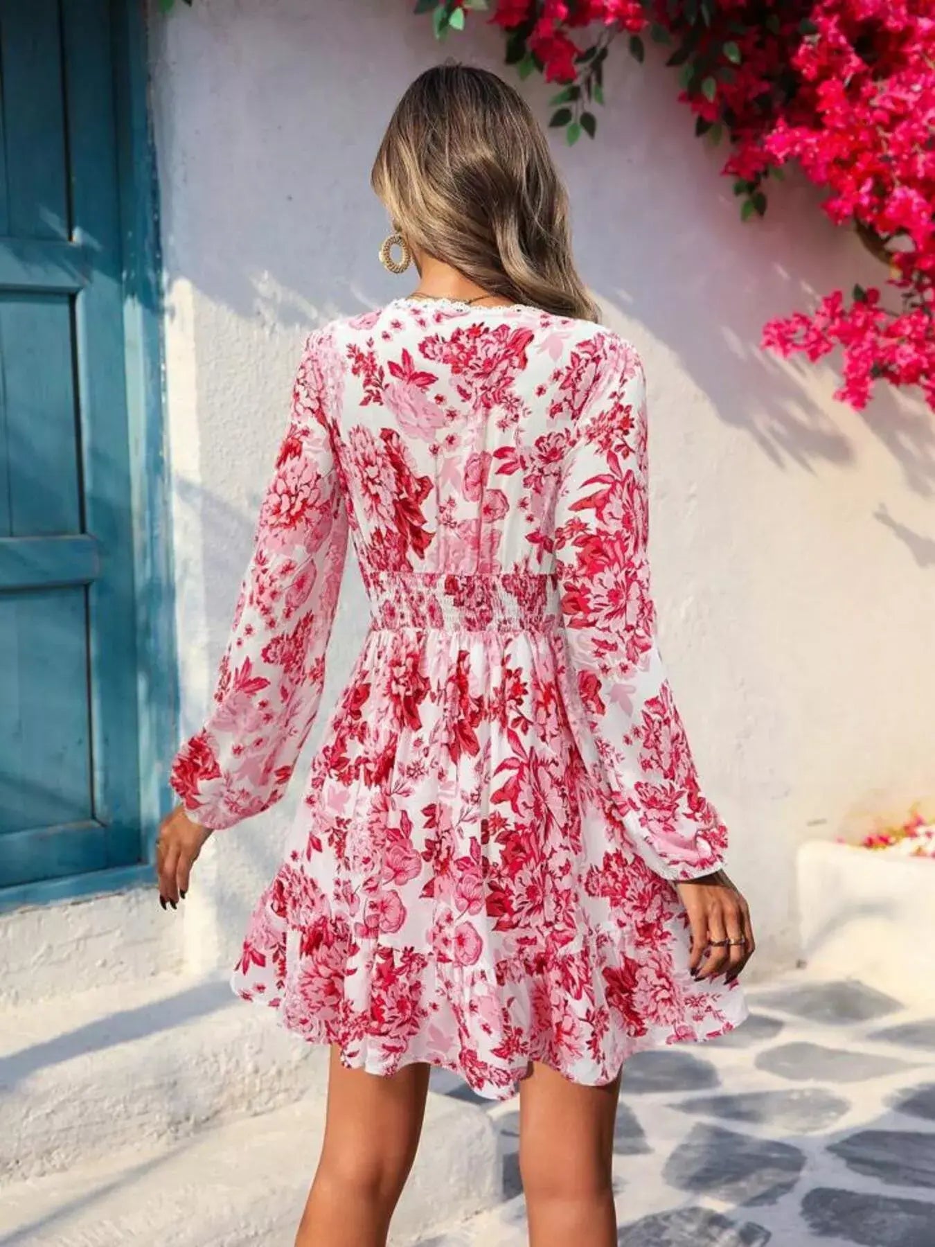 Full Size Floral Print V-Neck Long Sleeve Ruffle Hem Mini Dress Plus Size - Trendsi - Flyclothing LLC