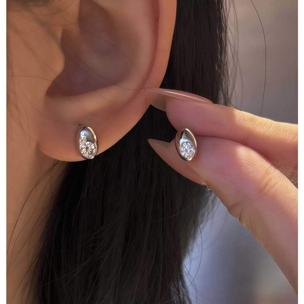 S925 Sterling Silver Oval Stud Earrings With A Single Moissanite Diamond - My Store - Flyclothing LLC