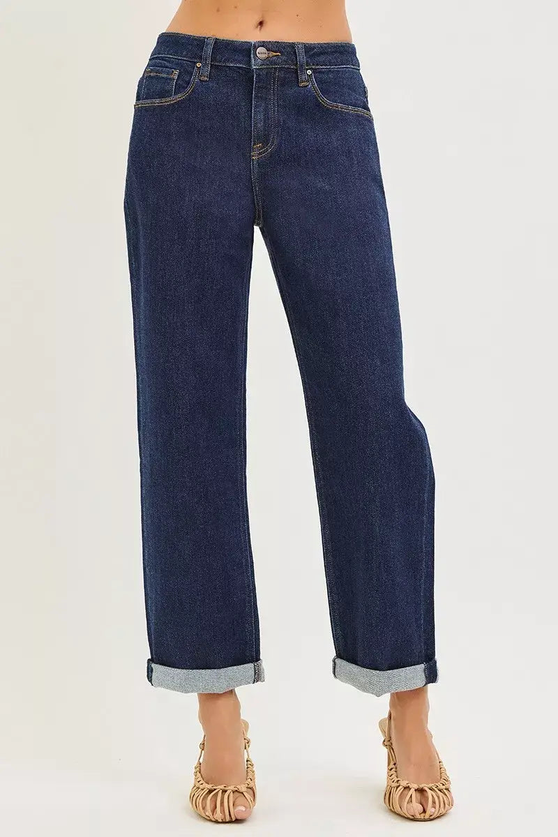 RISEN Slouchy Cropped Boyfriend Jeans With Cuffed Hem - Trendsi - Flyclothing LLC