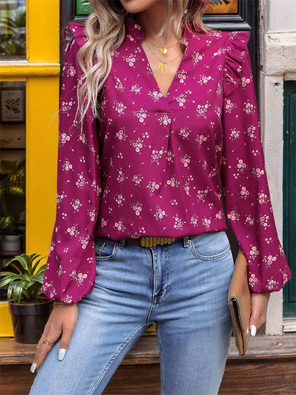 Ruffled Printed Notched Long Sleeve Blouse - Trendsi - Flyclothing LLC