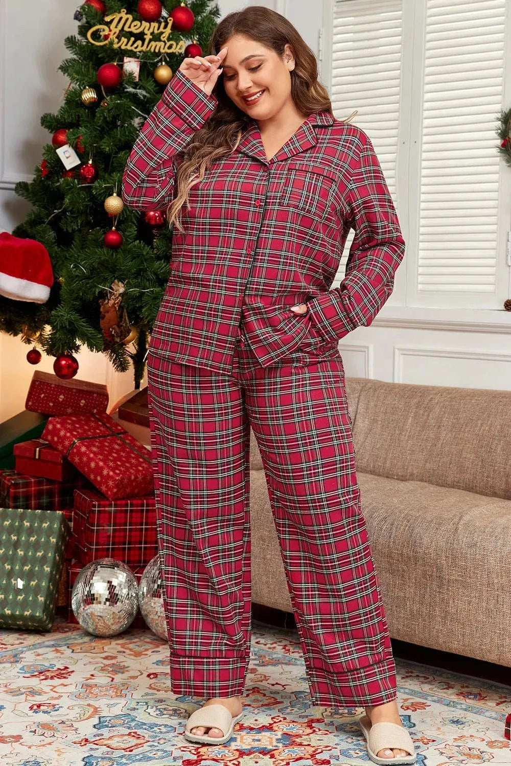 Plus Size Plaid Collared Neck Top and Pants Lounge Set - Trendsi - Flyclothing LLC
